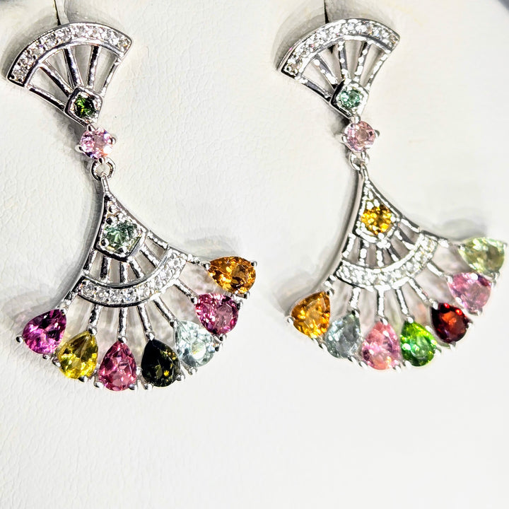"Fan Dangles" 1.25" Mixed Tourmaline Post-Dangle Earrings
