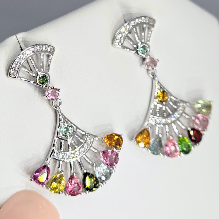 "Fan Dangles" 1.25" Mixed Tourmaline Post-Dangle Earrings