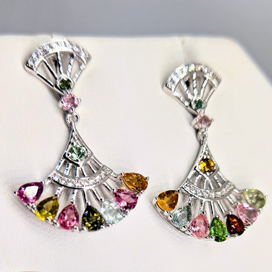 "Fan Dangles" 1.25" Mixed Tourmaline Post-Dangle Earrings