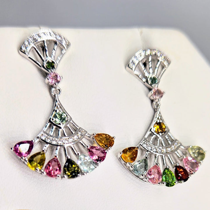 "Fan Dangles" 1.25" Mixed Tourmaline Post-Dangle Earrings