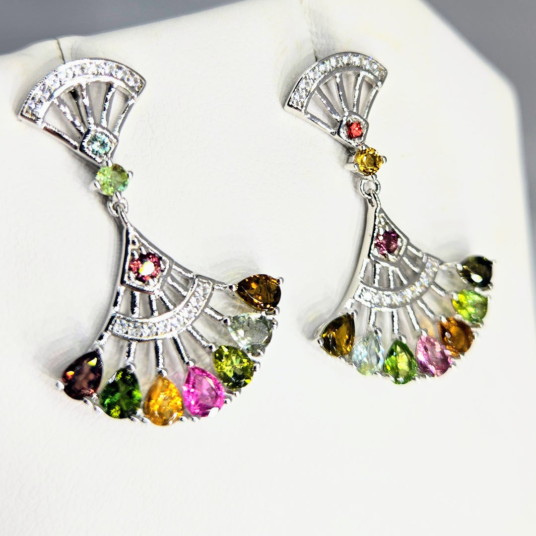 "Fan Dangles" 1.25" Mixed Tourmaline Post-Dangle Earrings