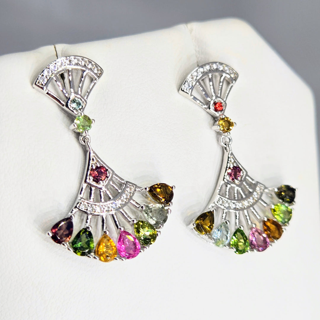 "Fan Dangles" 1.25" Mixed Tourmaline Post-Dangle Earrings