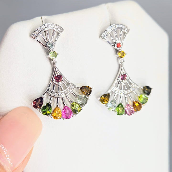 "Fan Dangles" 1.25" Mixed Tourmaline Post-Dangle Earrings