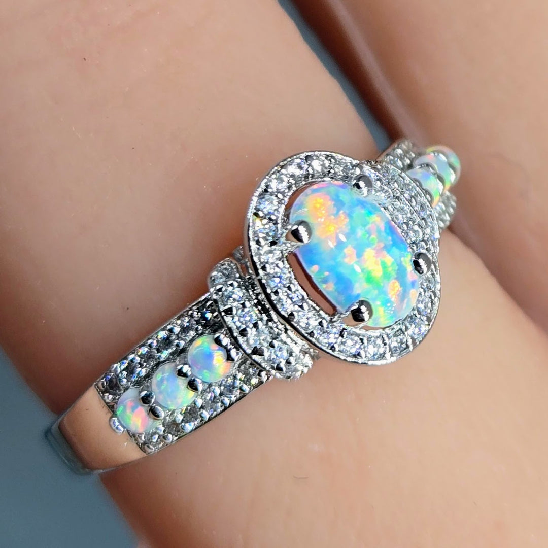 "Fire & Ice" Sz 6 Ring - Opal, Zircon, Anti-tarnish Sterling