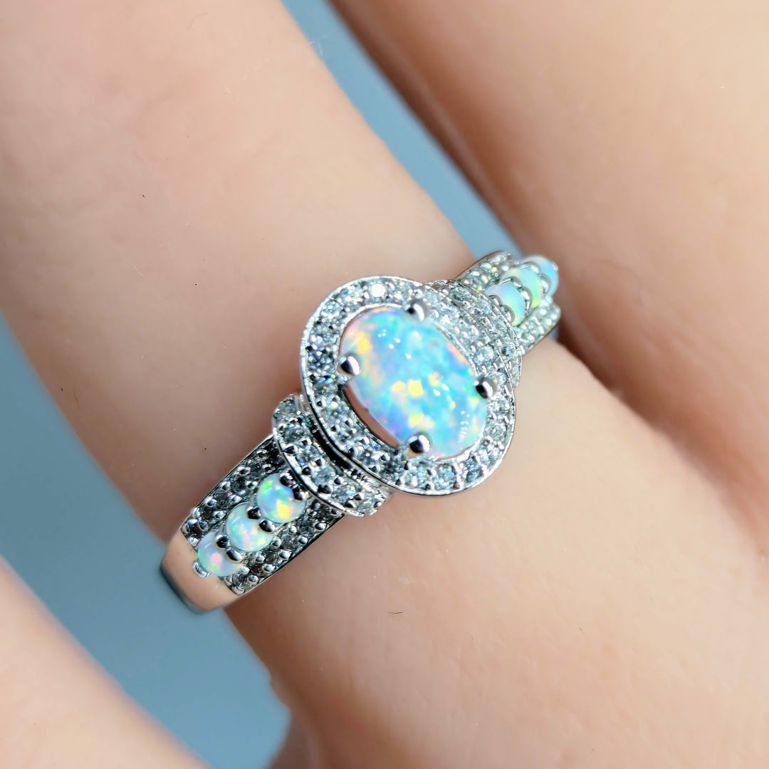 "Fire & Ice" Sz 6 Ring - Opal, Zircon, Anti-tarnish Sterling