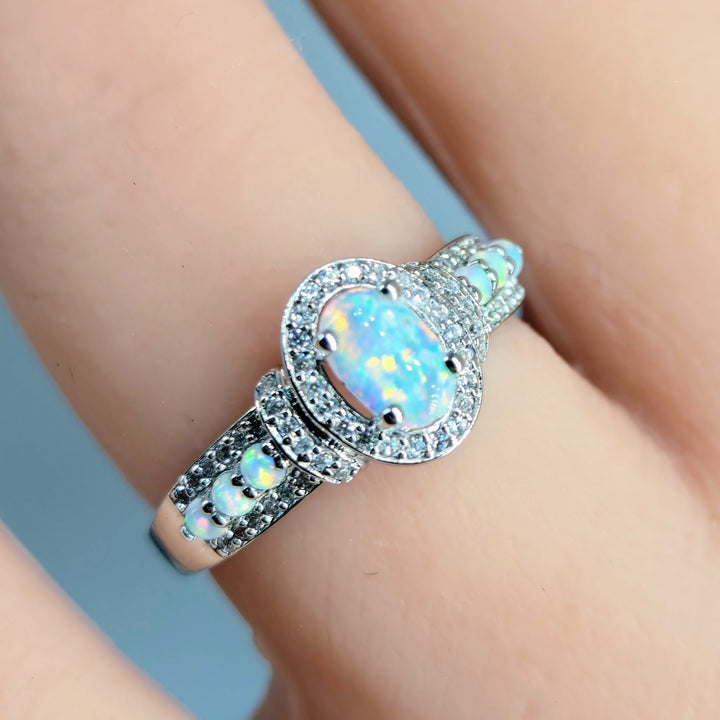 "Fire & Ice" Sz 6 Ring - Opal, Zircon, Anti-tarnish Sterling