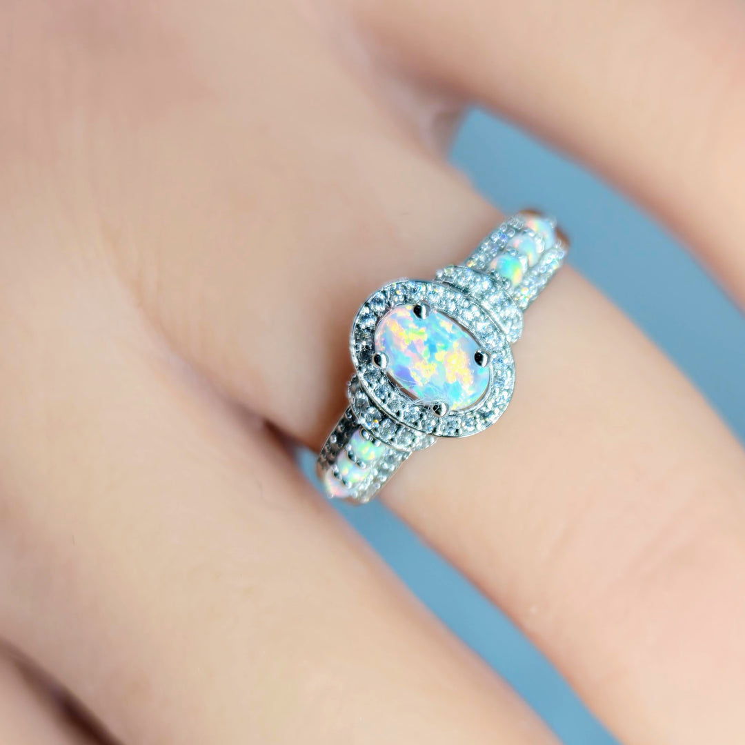 "Fire & Ice" Sz 6 Ring - Opal, Zircon, Anti-tarnish Sterling
