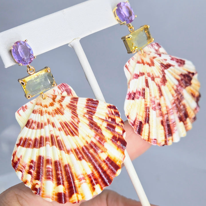 "Key West Vacation" 2.75" Earrings - Amethyst & Golden Topaz Crystals, Gold PVD, Sterling