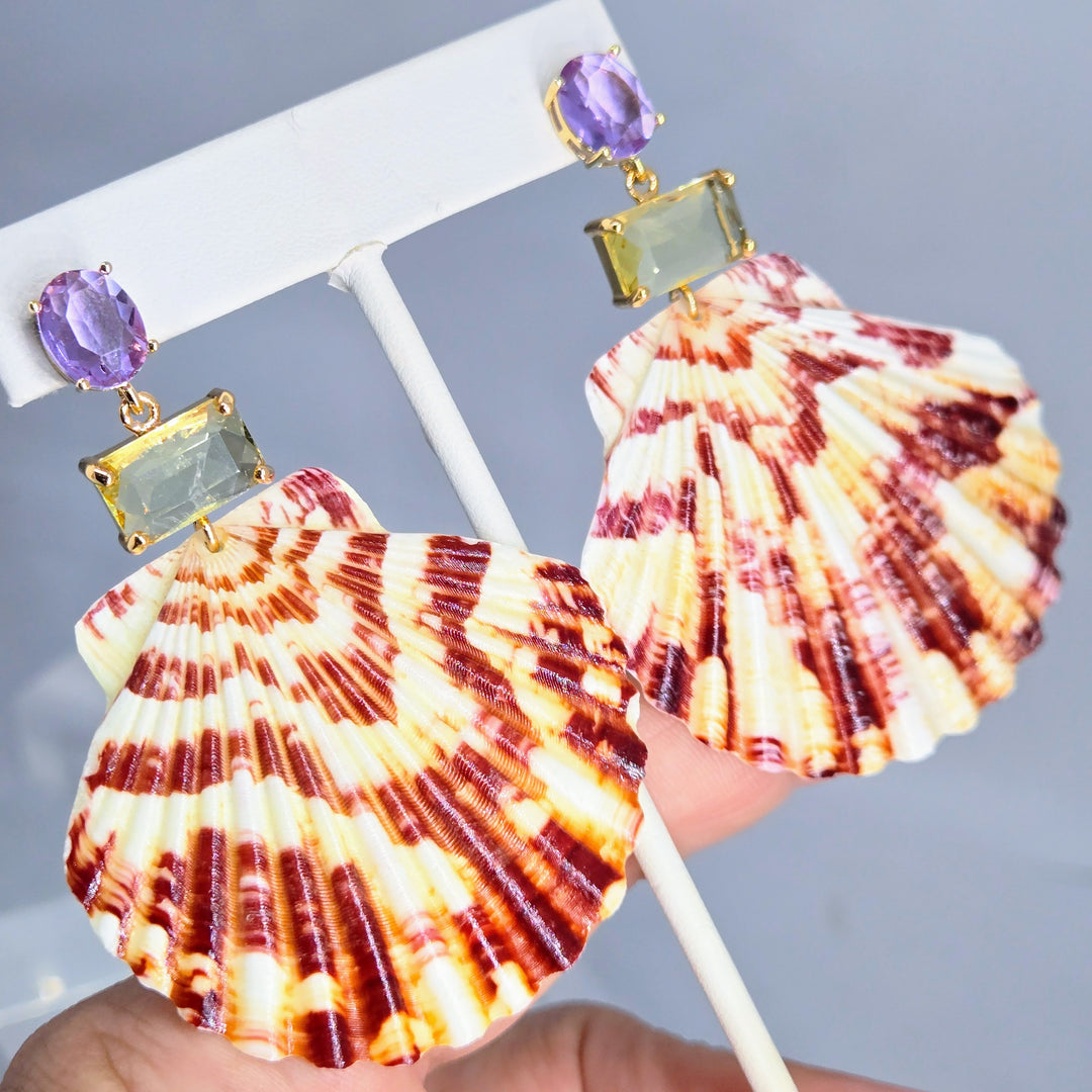 "Key West Vacation" 2.75" Earrings - Amethyst & Golden Topaz Crystals, Gold PVD, Sterling