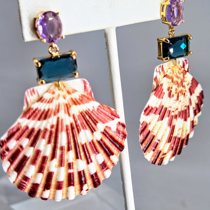 "Key West Vacation" 2.75" Earrings - Amethyst & London Blue Topaz Crystals, Gold PVD, Sterling