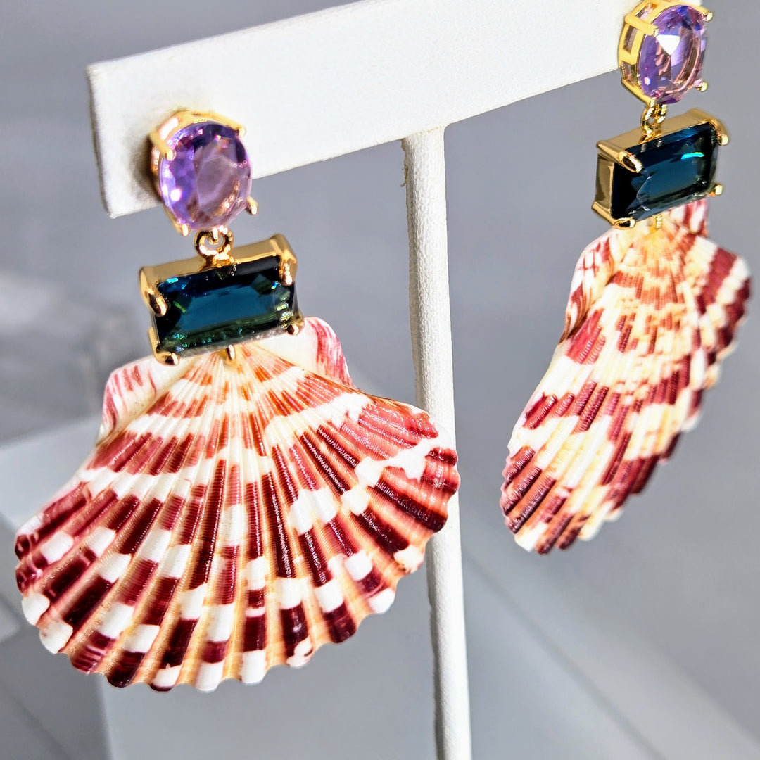 "Key West Vacation" 2.75" Earrings - Amethyst & London Blue Topaz Crystals, Gold PVD, Sterling