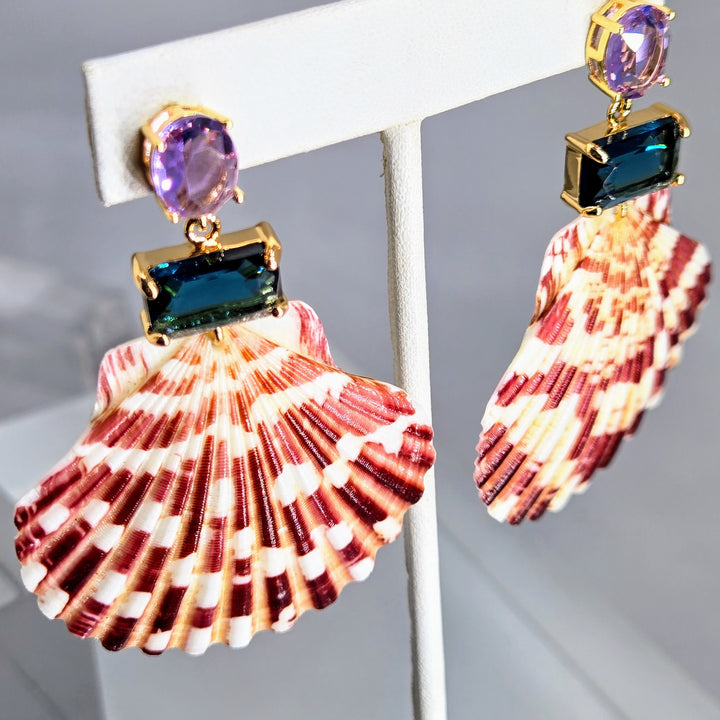 "Key West Vacation" 2.75" Earrings - Amethyst & London Blue Topaz Crystals, Gold PVD, Sterling