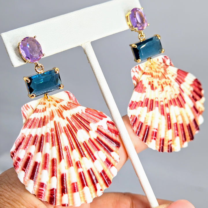 "Key West Vacation" 2.75" Earrings - Amethyst & London Blue Topaz Crystals, Gold PVD, Sterling