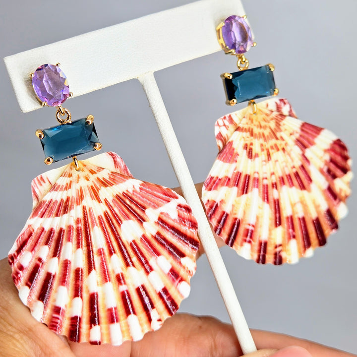 "Key West Vacation" 2.75" Earrings - Amethyst & London Blue Topaz Crystals, Gold PVD, Sterling