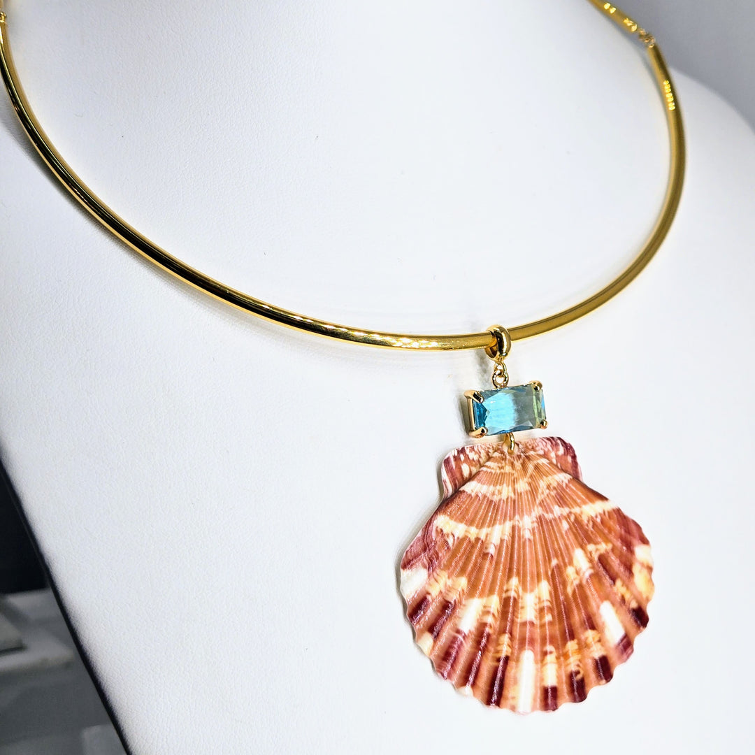 "Key West Vacation" 16" - 18" Necklace - Blue Topaz Crystal, Shell, 18k Gold PVD Bar Choker
