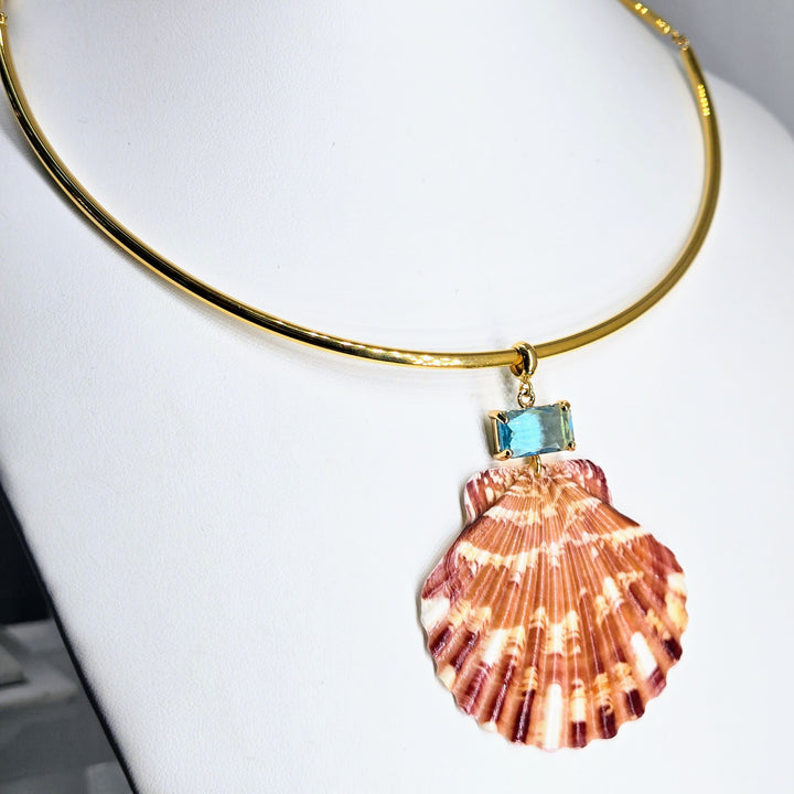 "Key West Vacation" 16" - 18" Necklace - Blue Topaz Crystal, Shell, 18k Gold PVD Bar Choker