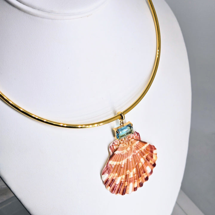 "Key West Vacation" 16" - 18" Necklace - Blue Topaz Crystal, Shell, 18k Gold PVD Bar Choker