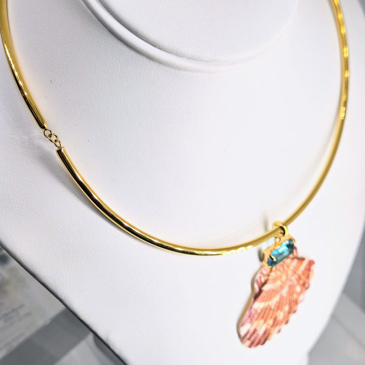 "Key West Vacation" 16" - 18" Necklace - Blue Topaz Crystal, Shell, 18k Gold PVD Bar Choker