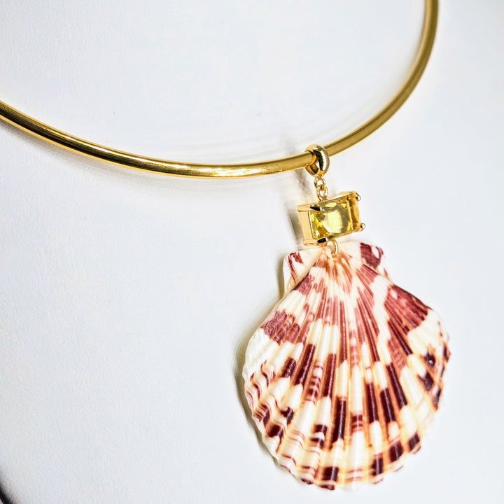 "Key West Vacation" 16" - 18" Necklace - Golden Topaz Crystal, Shell, 18k Gold PVD Bar Choker