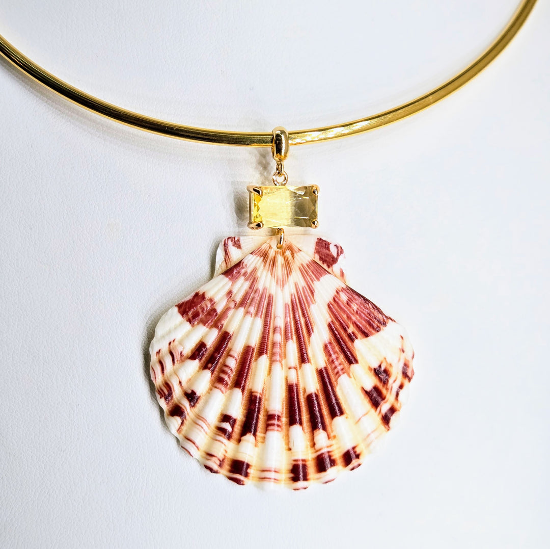 "Key West Vacation" 16" - 18" Necklace - Golden Topaz Crystal, Shell, 18k Gold PVD Bar Choker