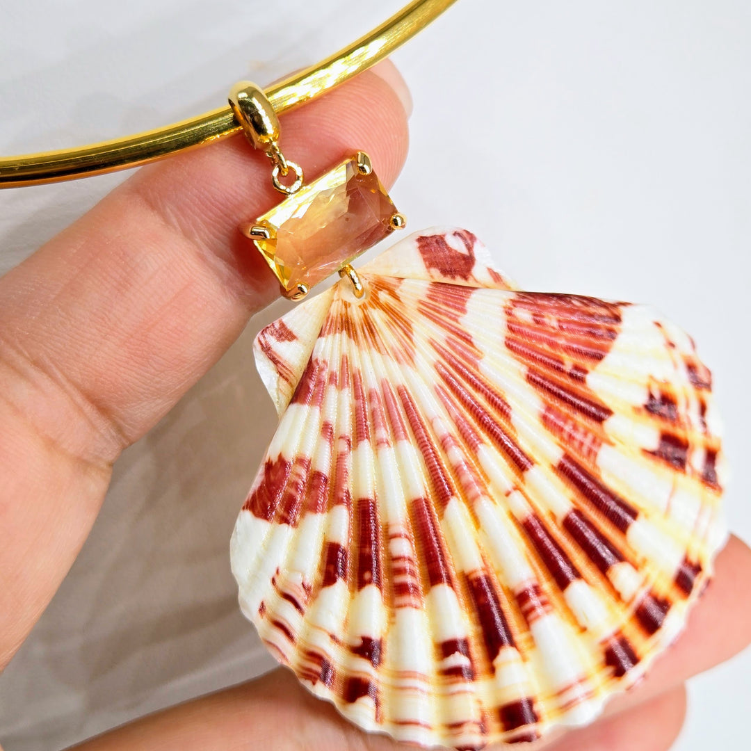 "Key West Vacation" 16" - 18" Necklace - Golden Topaz Crystal, Shell, 18k Gold PVD Bar Choker