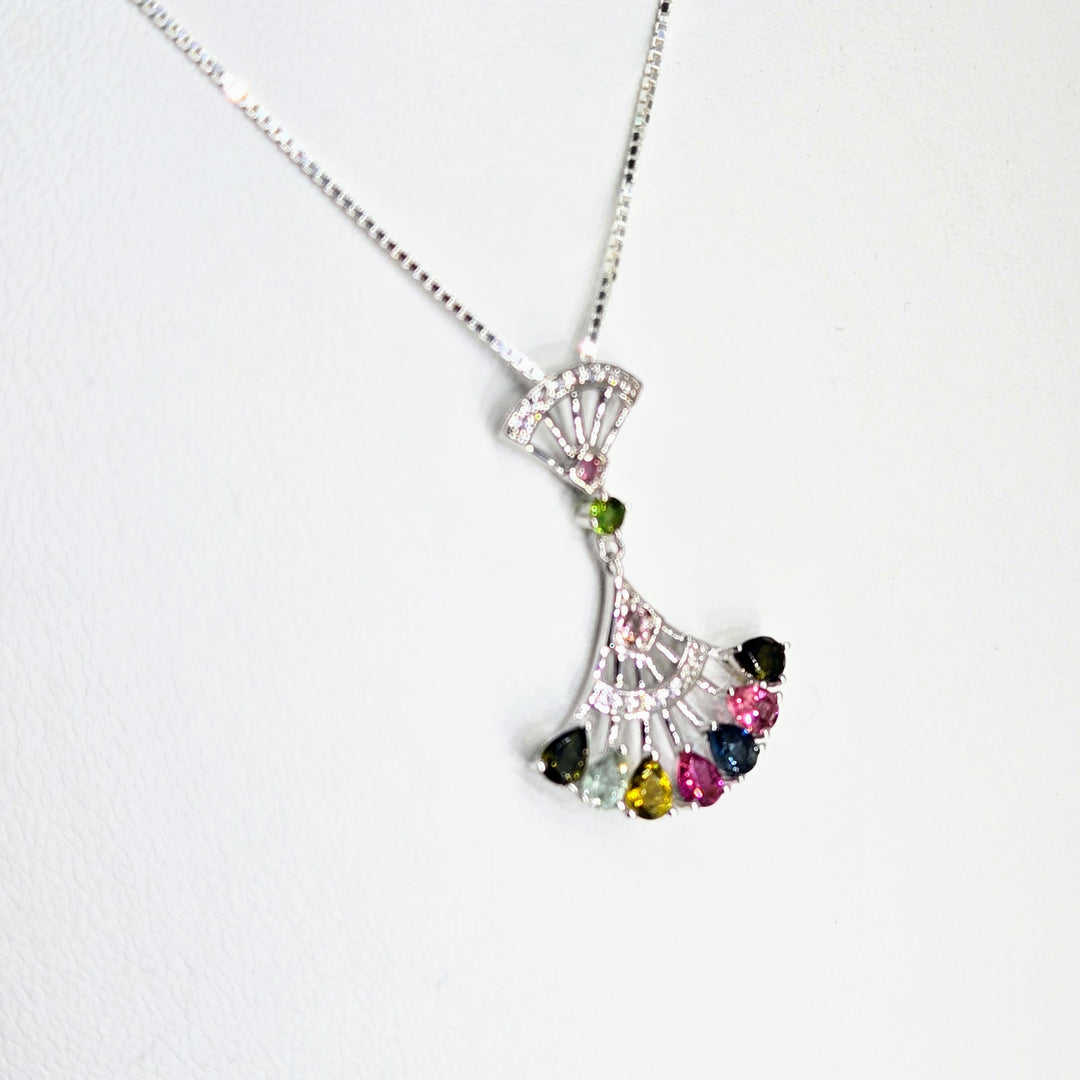 "Fan Tastic" Mixed Tourmaline Sterling Fan Pendant Necklace