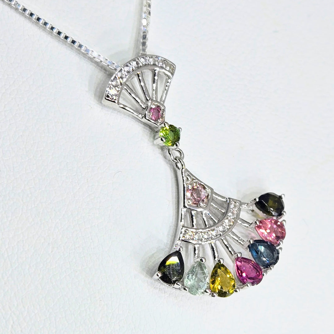 "Fan Tastic" Mixed Tourmaline Sterling Fan Pendant Necklace