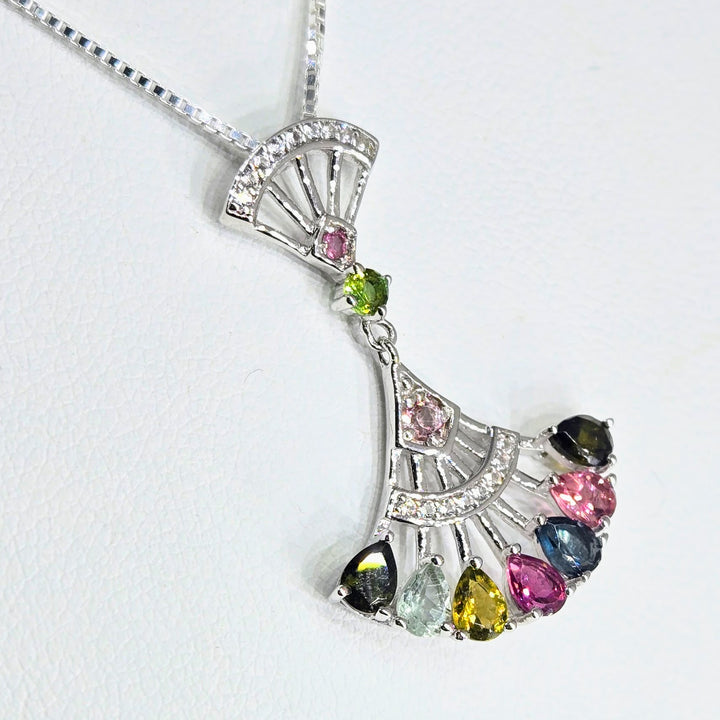 "Fan Tastic" Mixed Tourmaline Sterling Fan Pendant Necklace