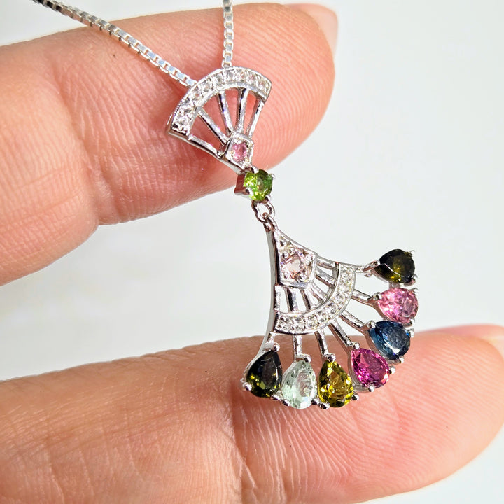 "Fan Tastic" Mixed Tourmaline Sterling Fan Pendant Necklace