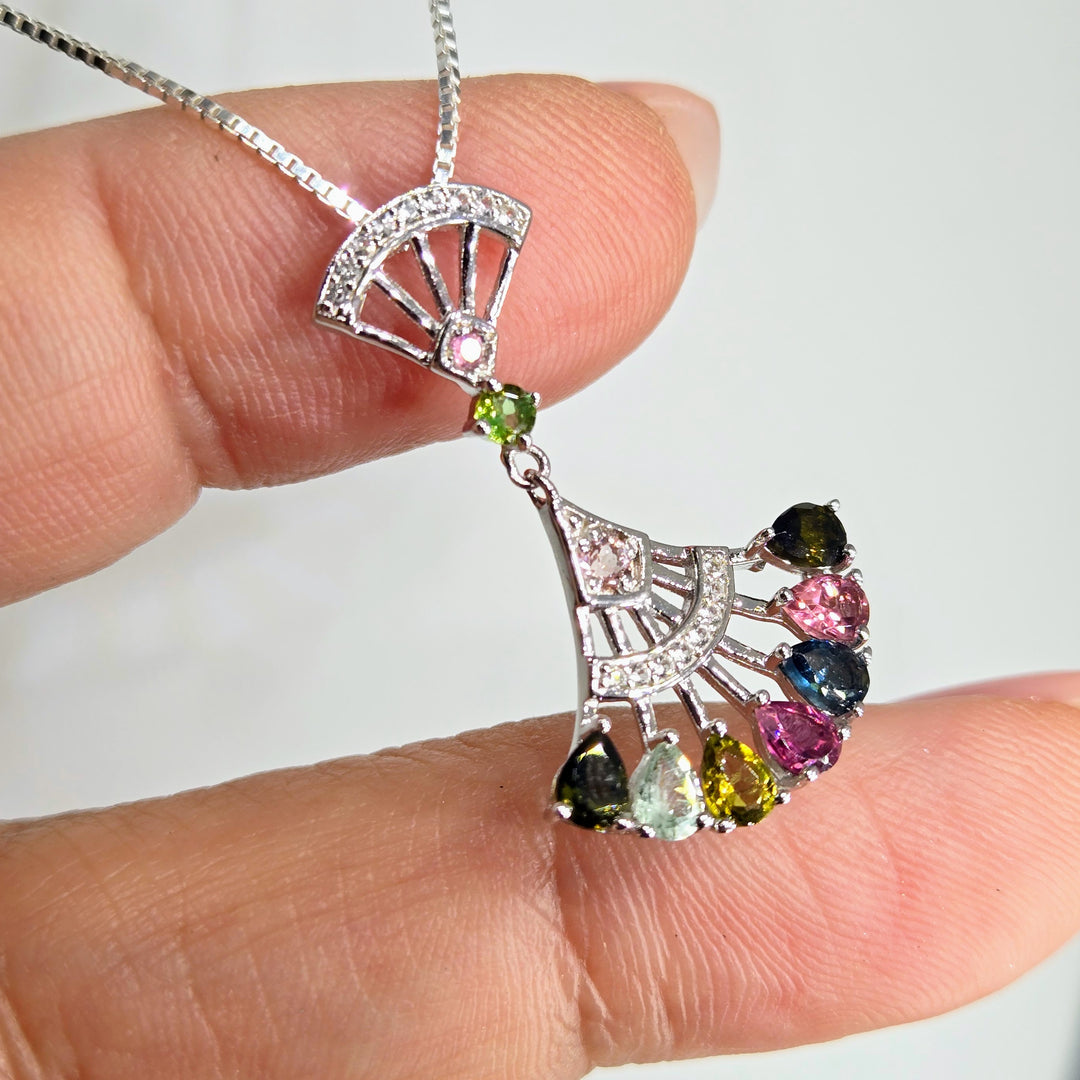 "Fan Tastic" Mixed Tourmaline Sterling Fan Pendant Necklace