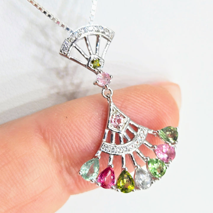 "Fan Fare" Mixed Tourmaline Sterling Fan Pendant Necklace