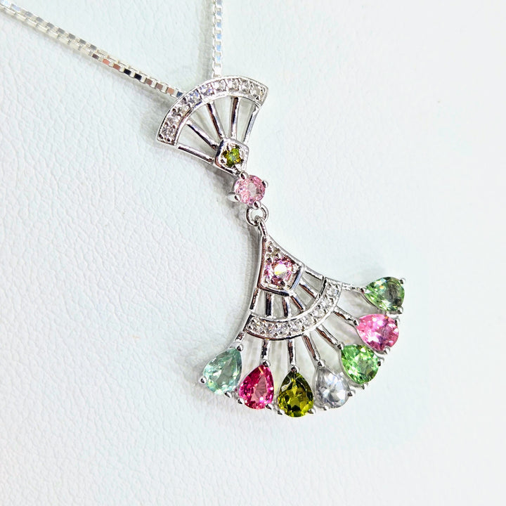 "Fan Fare" Mixed Tourmaline Sterling Fan Pendant Necklace