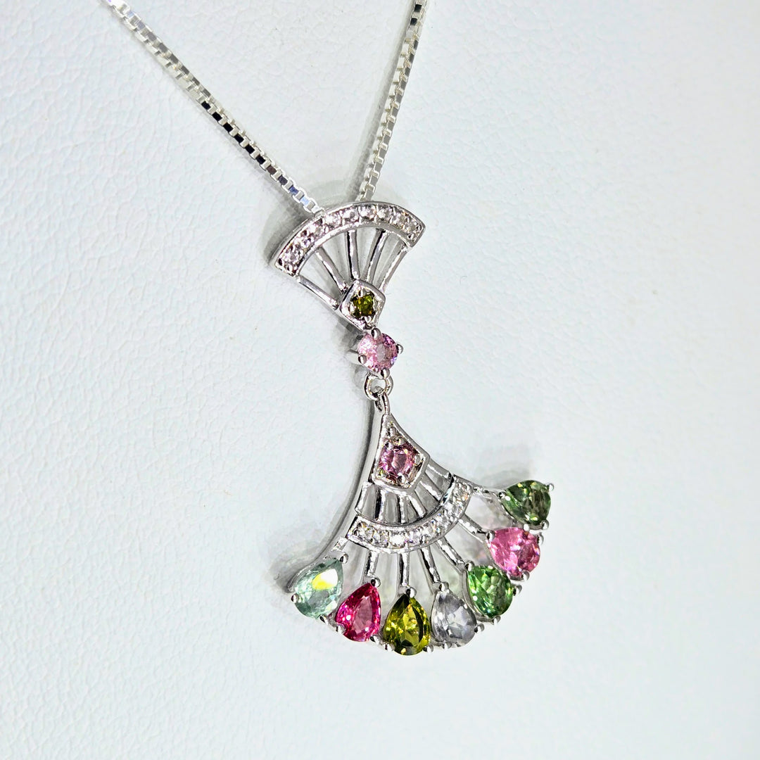 "Fan Fare" Mixed Tourmaline Sterling Fan Pendant Necklace