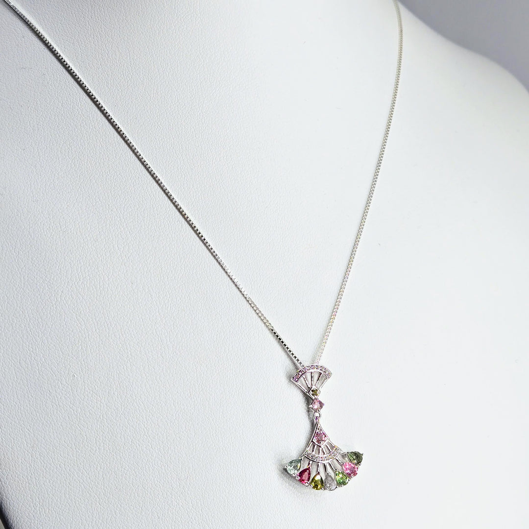 "Fan Fare" Mixed Tourmaline Sterling Fan Pendant Necklace