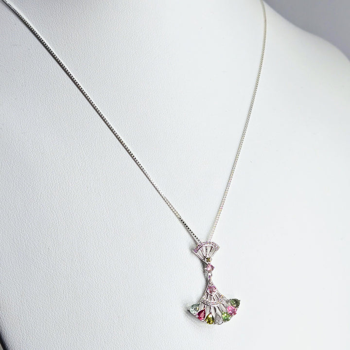"Fan Fare" Mixed Tourmaline Sterling Fan Pendant Necklace