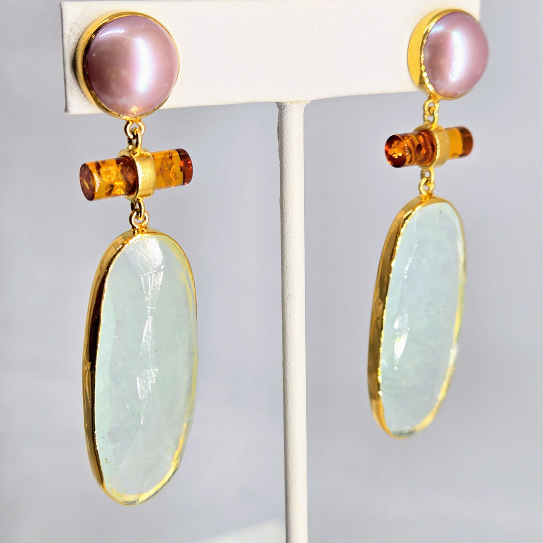 "Sunset Cruise" 2.75" Earrings - Edison Pearl, Amber, Aquamarine, 18k Gold Sterling