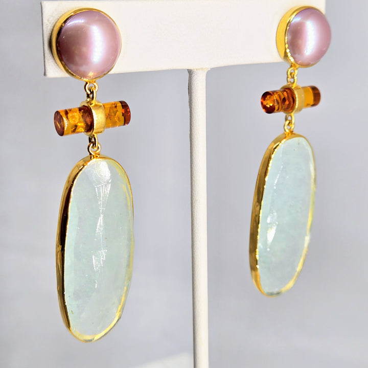 "Sunset Cruise" 2.75" Earrings - Edison Pearl, Amber, Aquamarine, 18k Gold Sterling