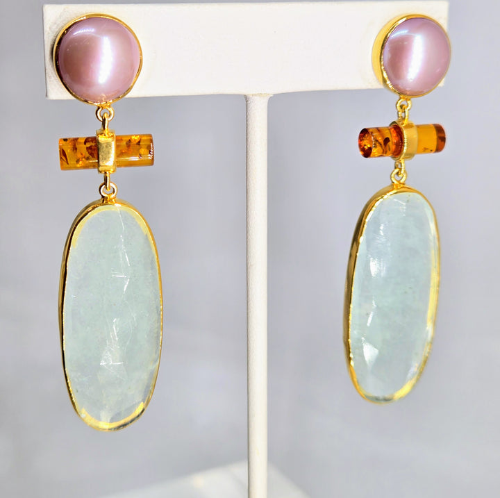 "Sunset Cruise" 2.75" Earrings - Edison Pearl, Amber, Aquamarine, 18k Gold Sterling