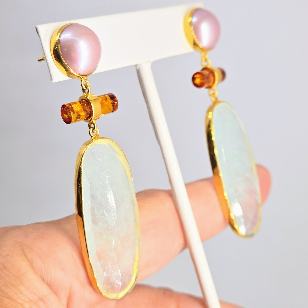 "Sunset Cruise" 2.75" Earrings - Edison Pearl, Amber, Aquamarine, 18k Gold Sterling