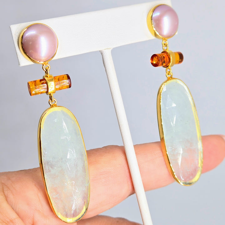 Edison Pearl, Aquamarine, Amber Post-dangle earrings