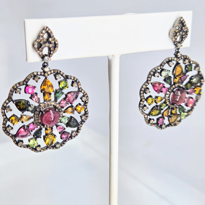 "Pinwheels" Tourmaline & Diamond Mandala Earrings