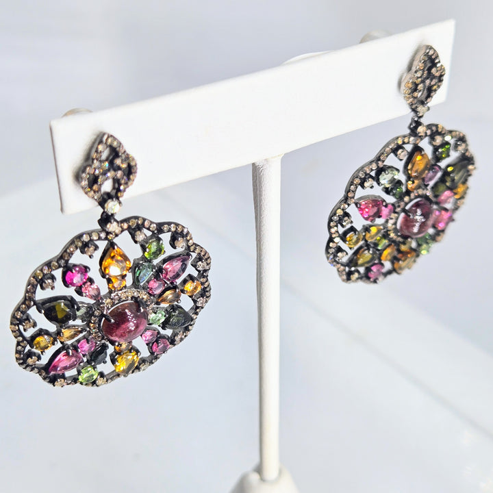 "Pinwheels" Tourmaline & Diamond Mandala Earrings
