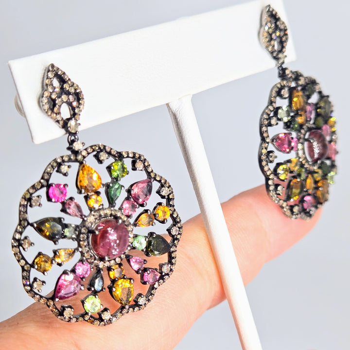 "Pinwheels" Tourmaline & Diamond Mandala Earrings