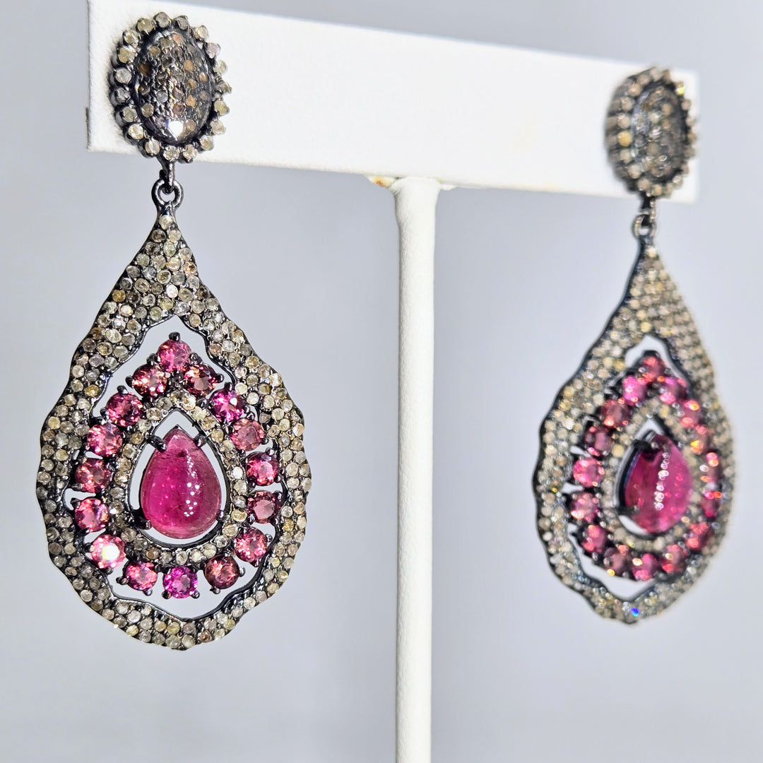 "Blush Bijou" Rubelite Tourmaline & Pavé Diamond Earrings