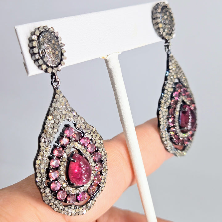"Blush Bijou" Rubelite Tourmaline & Pavé Diamond Earrings