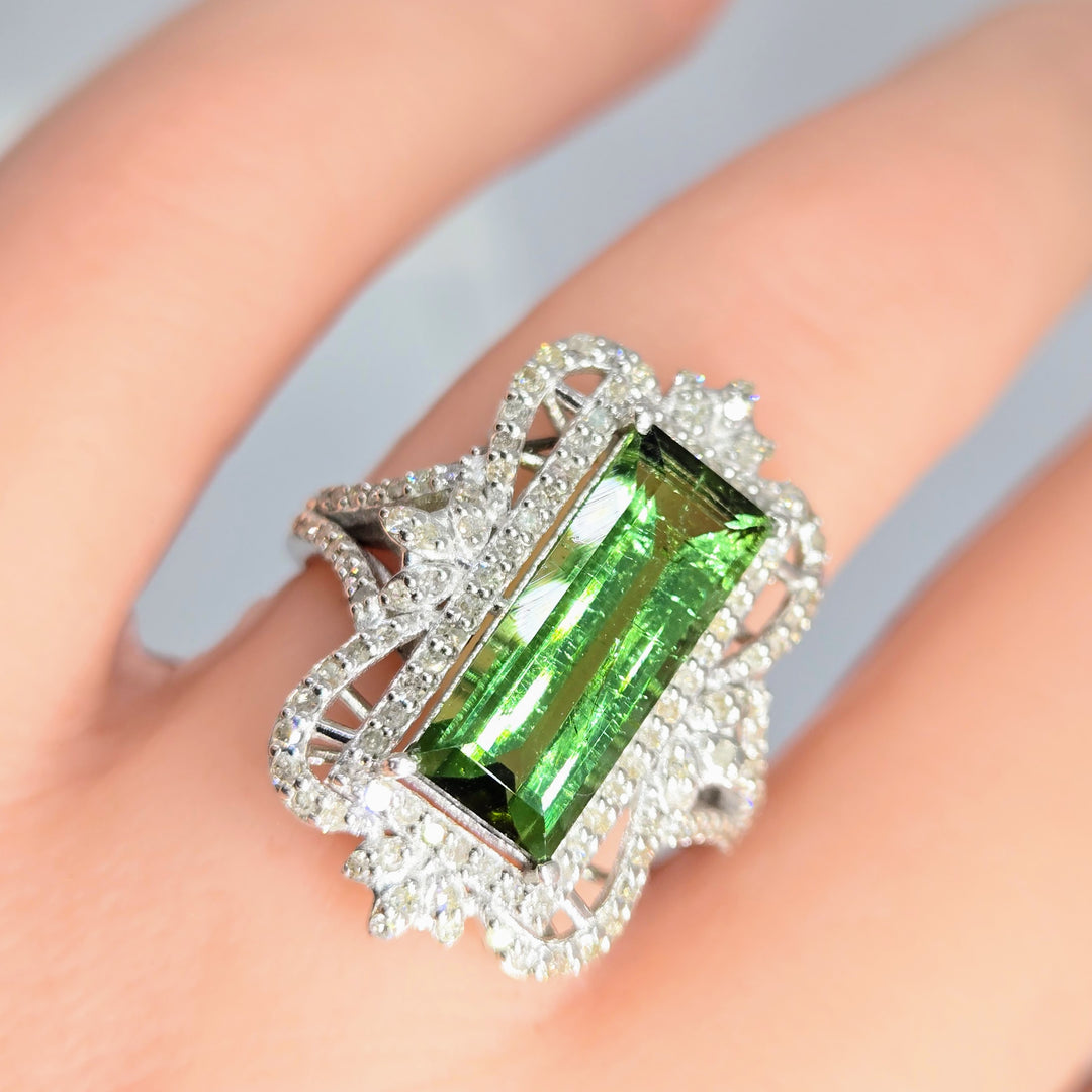 "Luscious Verdant" Sz 6.5 Tourmaline & Diamond Deco Ring