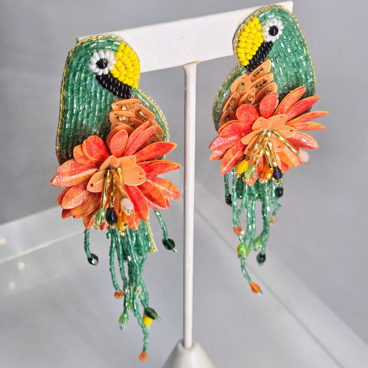 "Key West Paradise" 4.5" Earrings - Hand-beaded Beautiful Birds