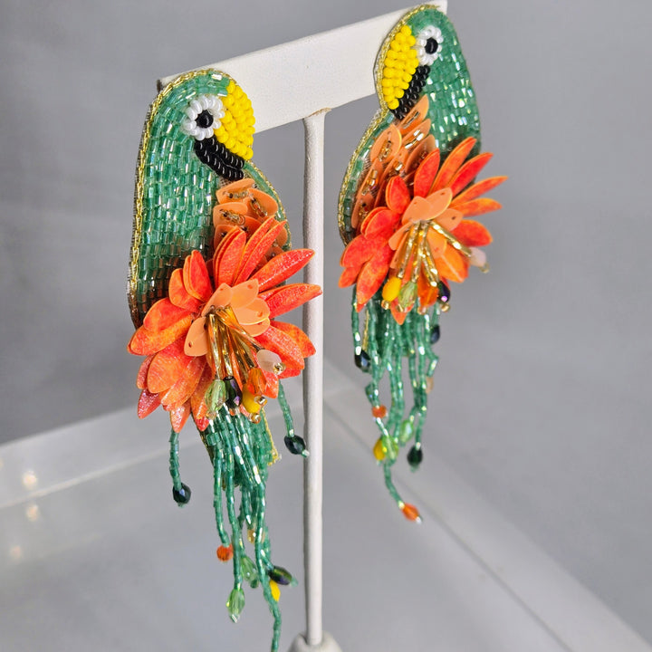 "Key West Paradise" 4.5" Earrings - Hand-beaded Beautiful Birds