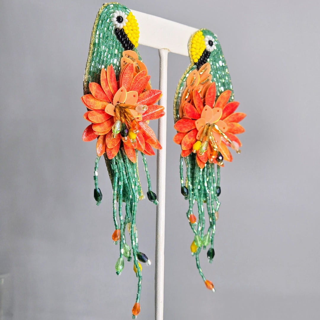 "Key West Paradise" 4.5" Earrings - Hand-beaded Beautiful Birds