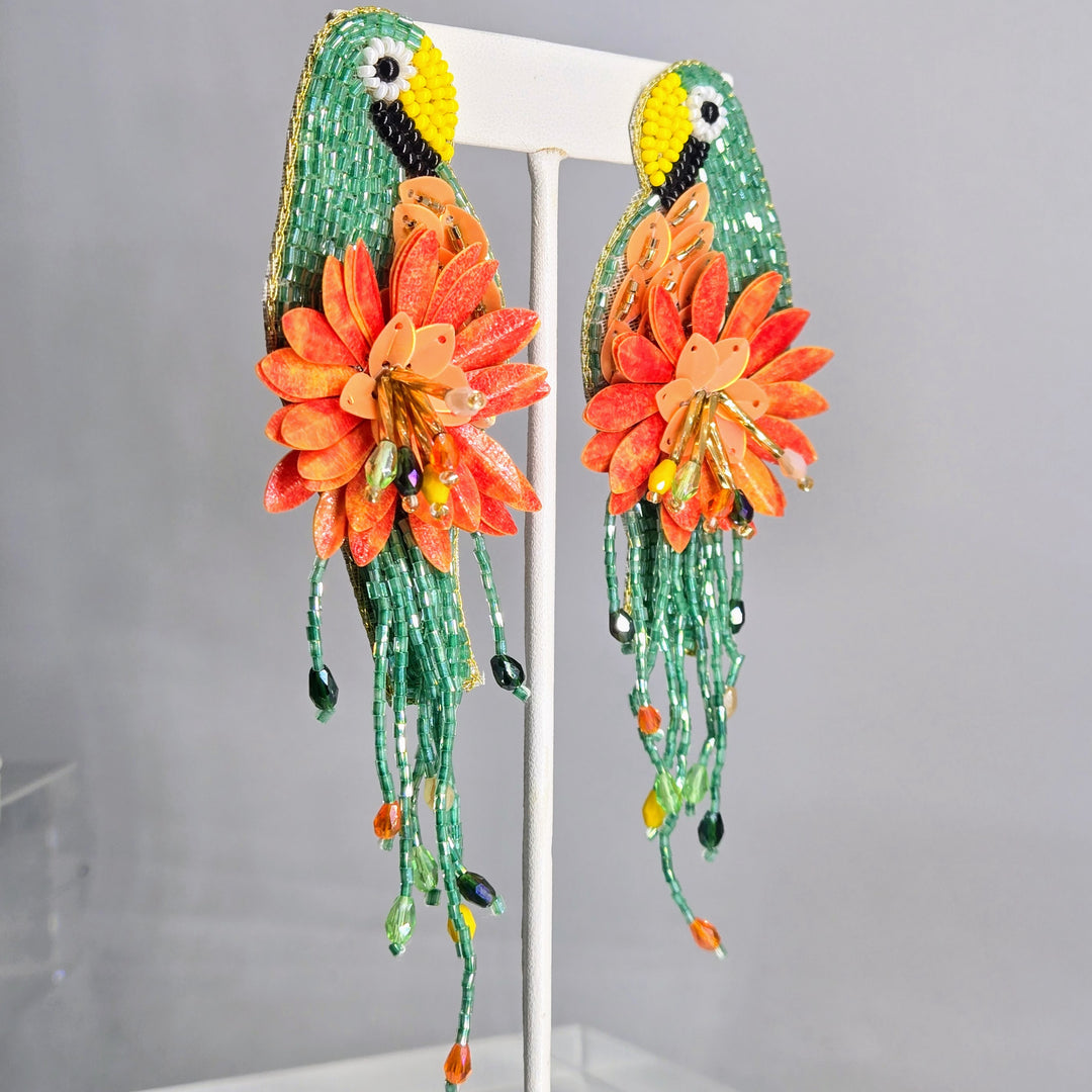 "Key West Paradise" 4.5" Earrings - Hand-beaded Beautiful Birds